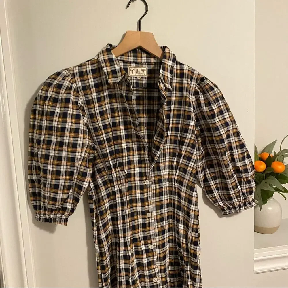 Mille Resort Blue Brown Plaid Button Front Maxi Dress XXS - Picture 6 of 10